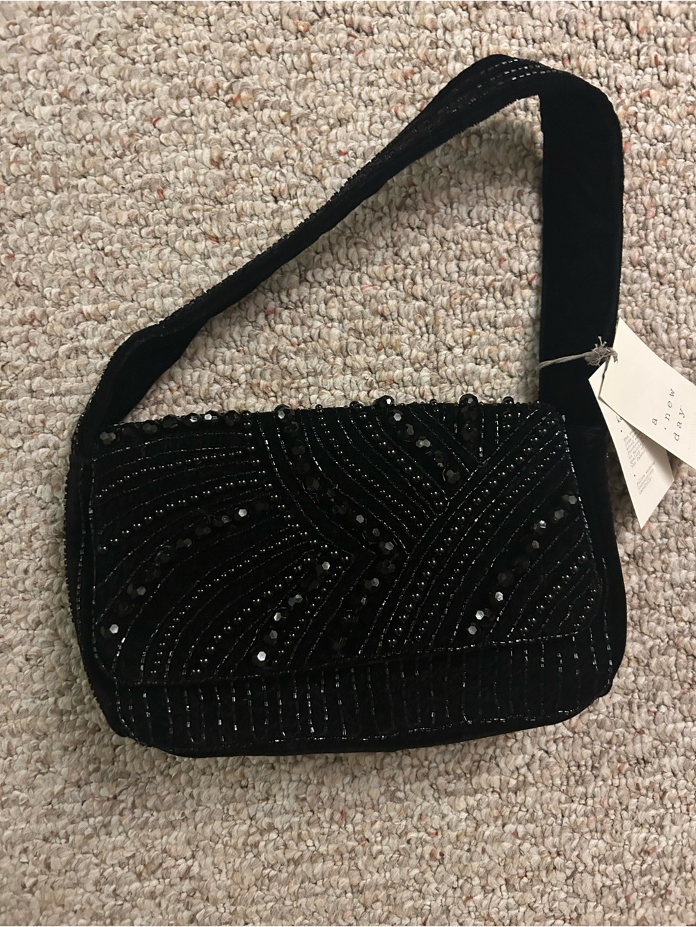 a new day Black Velvet Beaded Shoulder Bag